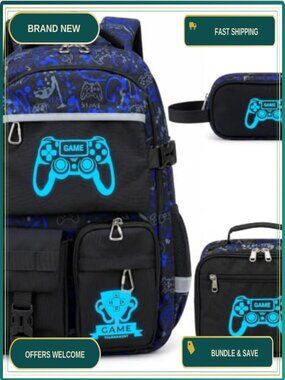 Kids Backpack Set - Glow in the Dark Luminous Game Print with Lunch Bag &